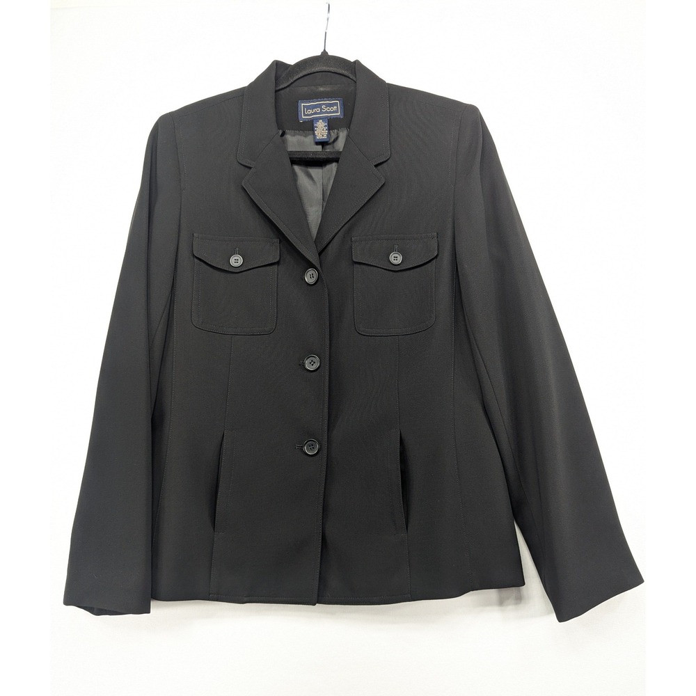 Laura Scott Womens Black 3-Button Utility Blazer Jacket Size 10 Career Office